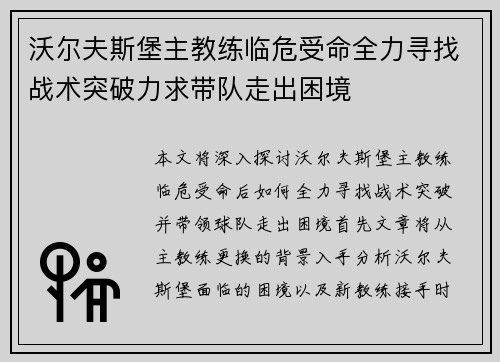 沃尔夫斯堡主教练临危受命全力寻找战术突破力求带队走出困境