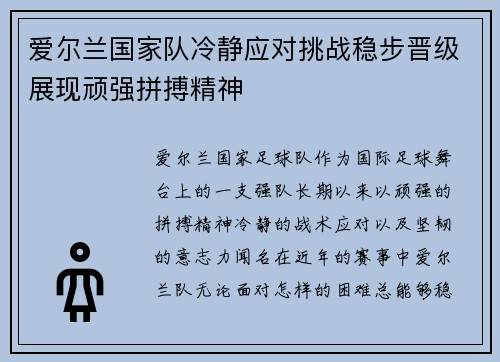 爱尔兰国家队冷静应对挑战稳步晋级展现顽强拼搏精神