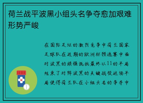荷兰战平波黑小组头名争夺愈加艰难形势严峻